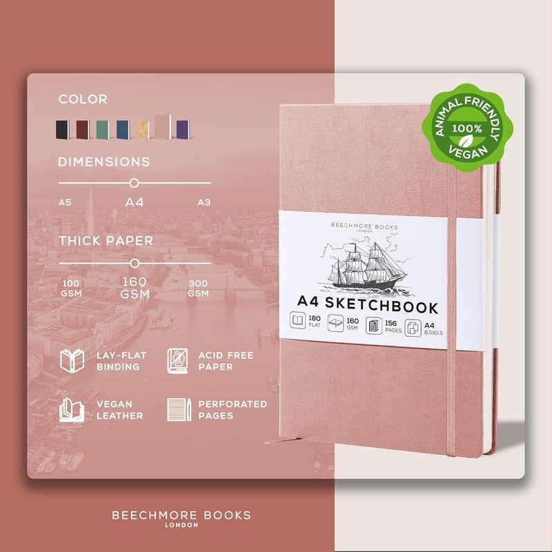 Beechmore Books دفتر رسم A4 – 8.5x11 جلد نباتي فاخر كبير مع 156 صفحة سميكة 160gsm بيج كريم مثقبة، دفتر رسم فارغ، مع صندوق هدايا، جيب خلفي، علامة مرجعية من الشريط - Image 2